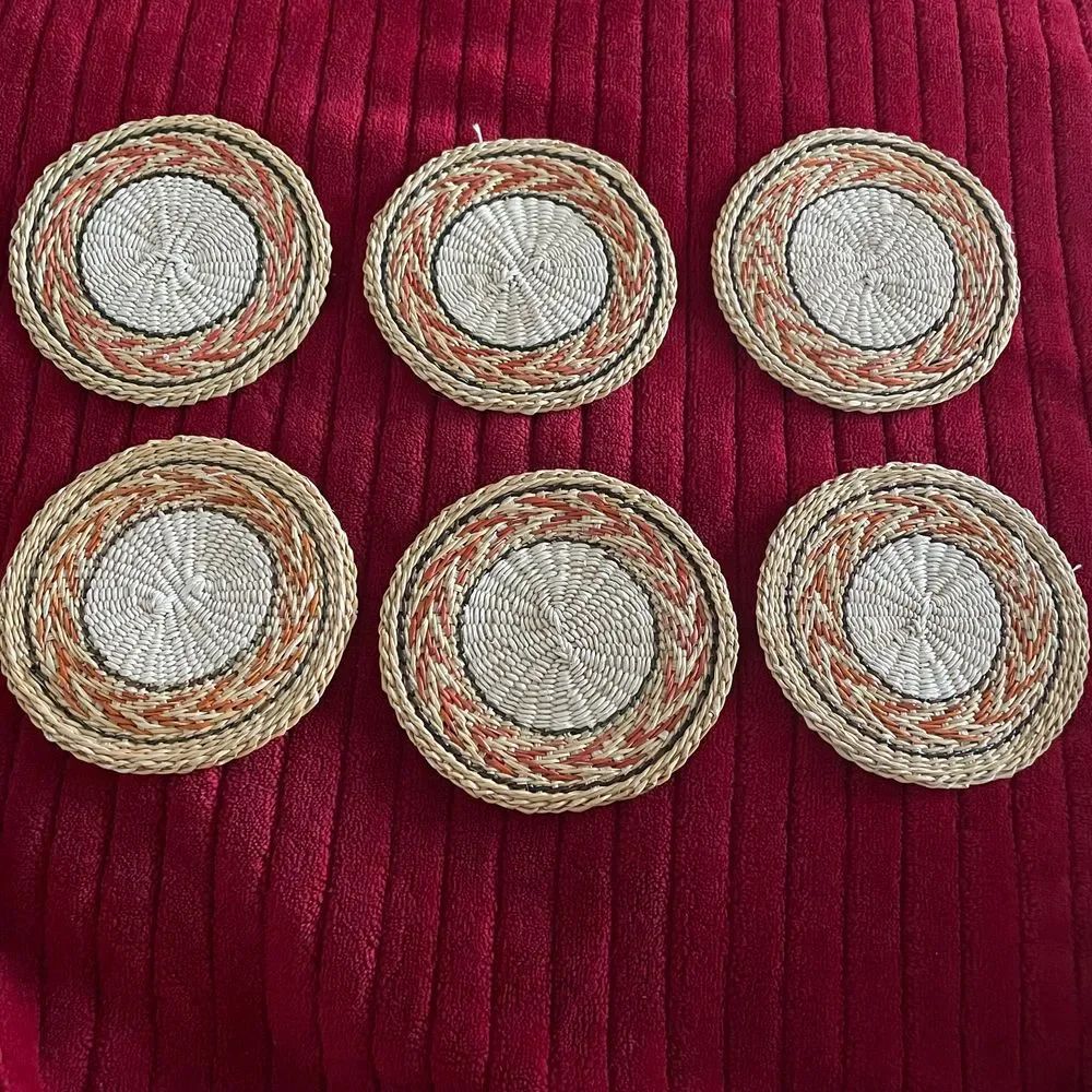 Straw drink Coaster Set 6 Vintage 70s Woven Boho Retro Bohemian Home Coffee